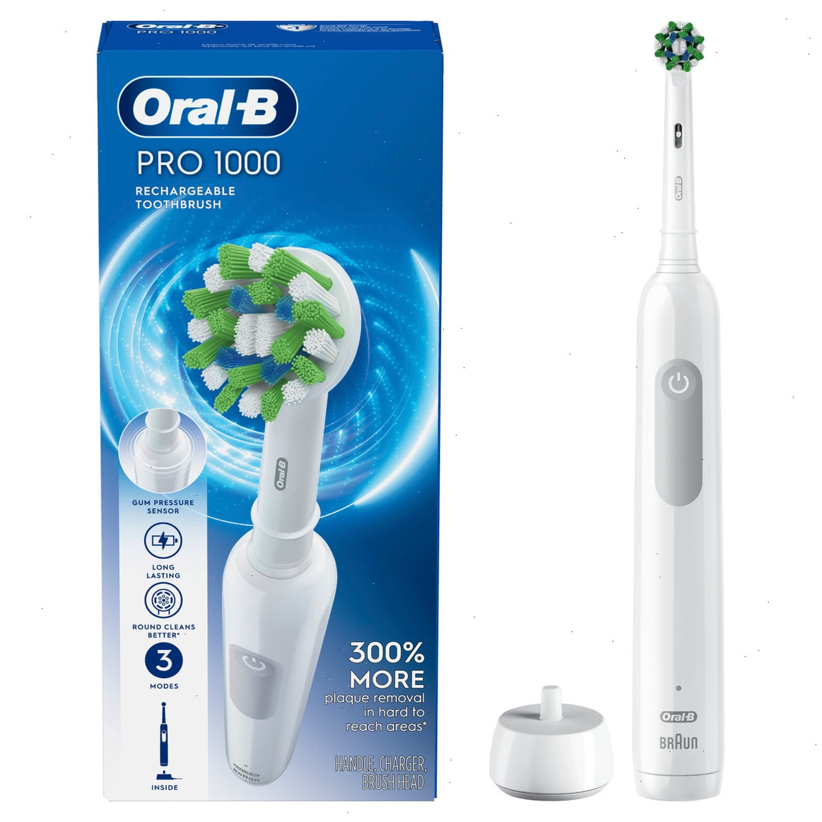 Pro 1000 Rechargeable Electric Toothbrush Twin Pack, White and Turquoise