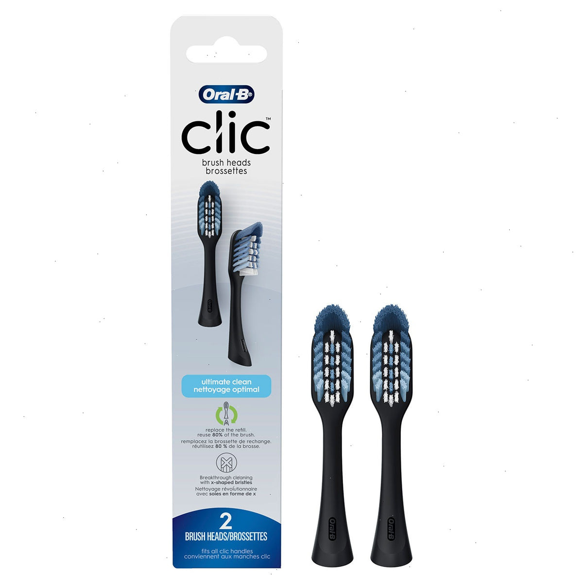 Clic Toothbrush Replacement Brush Heads, Black, 2 Count